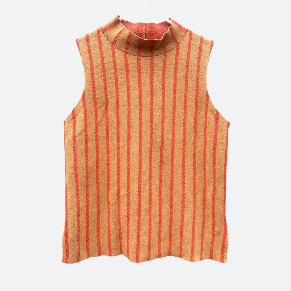 Anthropologie Moth Sweater Tank Womens M Orange Tan Striped Mock Neck Knit